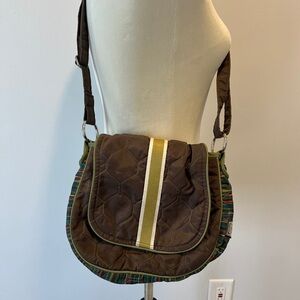 Brown Quilted Crossbody Bag with Green Stripe Cinda B